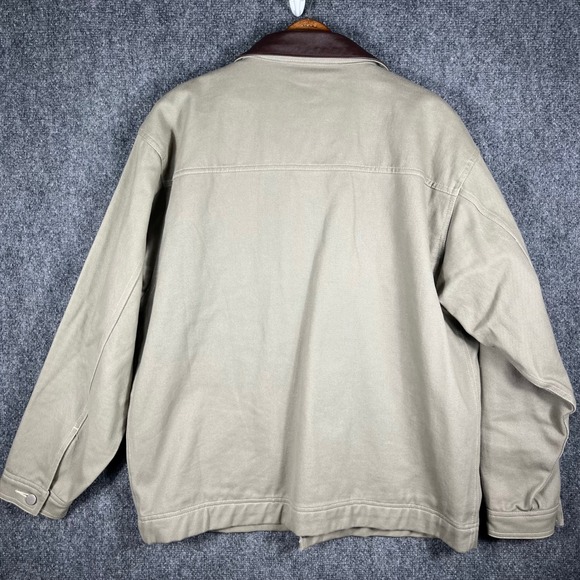 Vintage Marlboro Work Jacket Mens L Khaki Tan Leather Collar Plaid Lined Chore - Picture 3 of 7